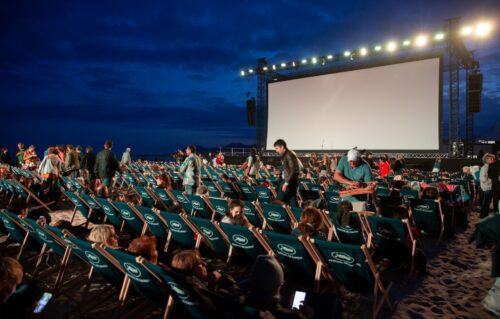 outdoor movie screen and chairs
