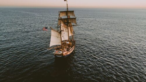 Pirate ship on the ocean from above