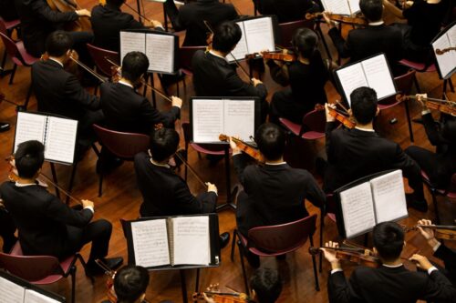 above view of an orchestra playing music