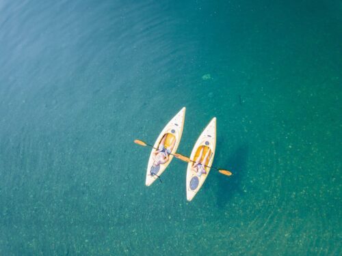 overhead view of kayakers