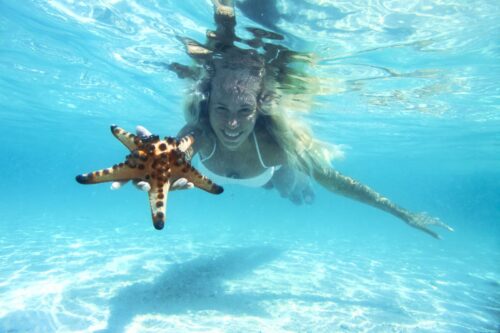Woman snorkeling on Anna Maria Island, holding a starfish she discovered while diving