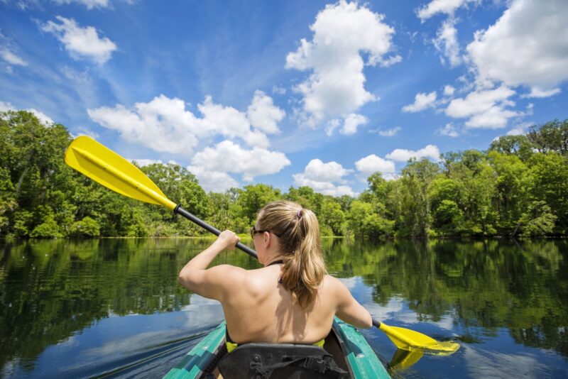 A woman kayaks in a body of water amongst trees